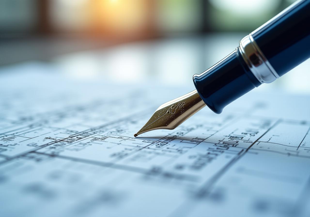 Close up of architectural blueprints transitioning into legal documents