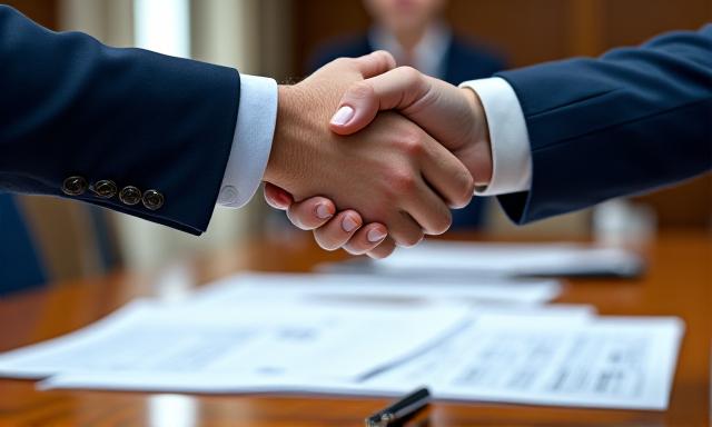 Hands shaking over a boardroom table with legal documents