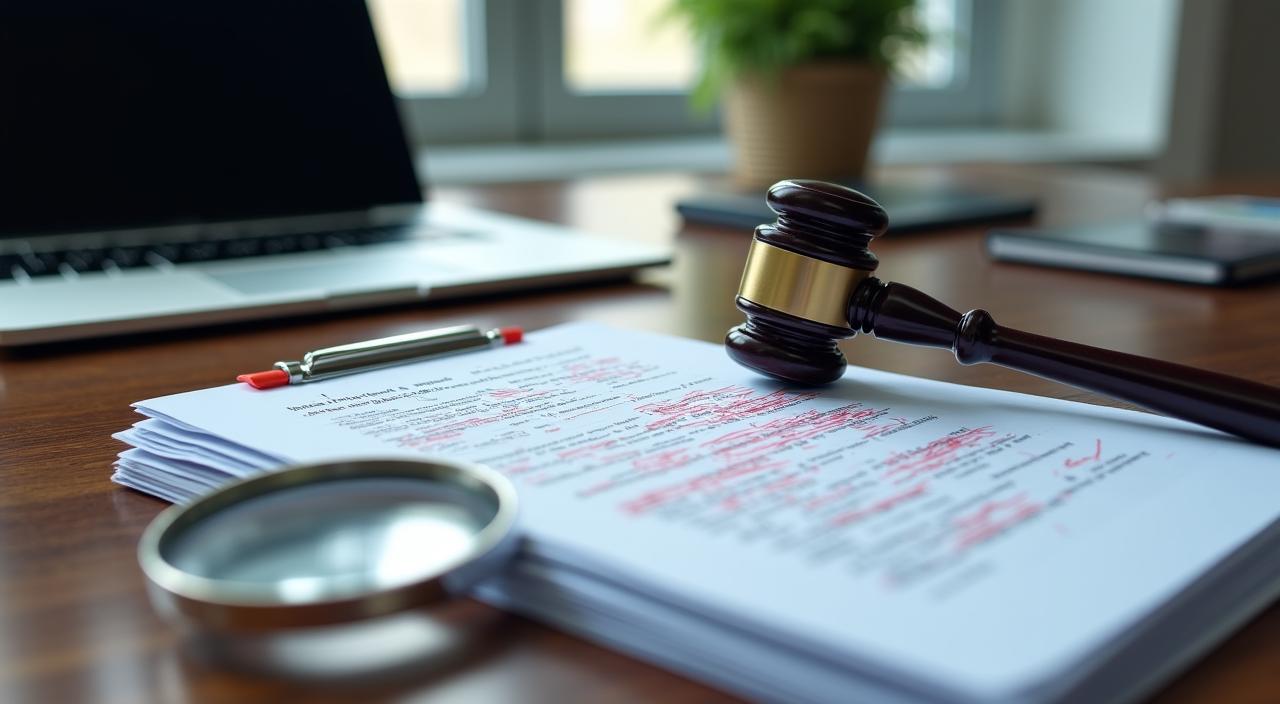 A desk with a laptop displaying a generic contract template next to a magnifying glass and legal gavel