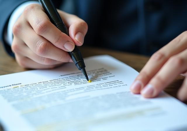 Close up of a legal professional reviewing a complex contract with a fountain pen and highlighter